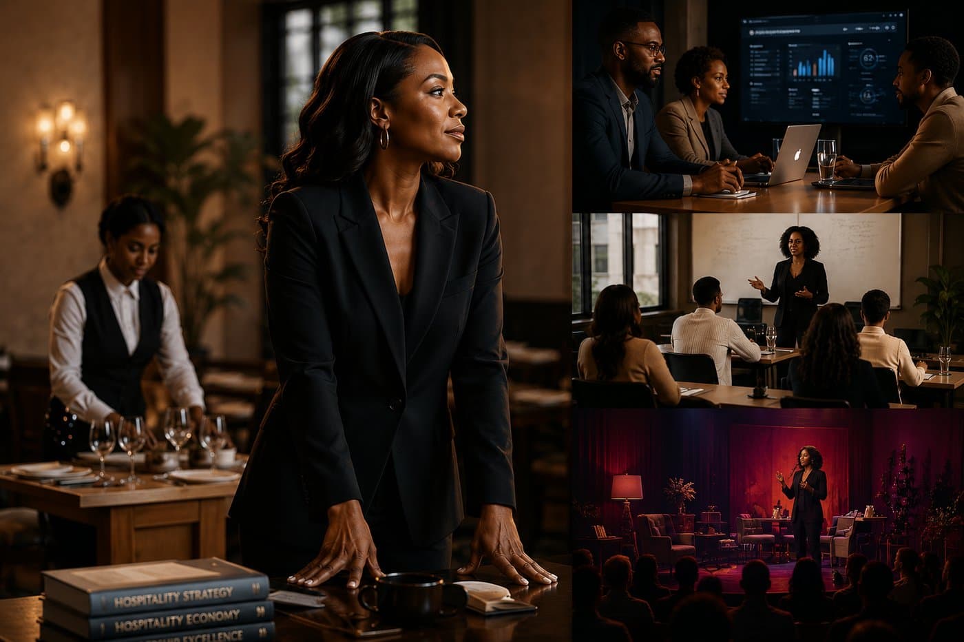 Scenes across the 5LA ecosystem: hospitality leadership, a strategy meeting, a training session, and a live production
