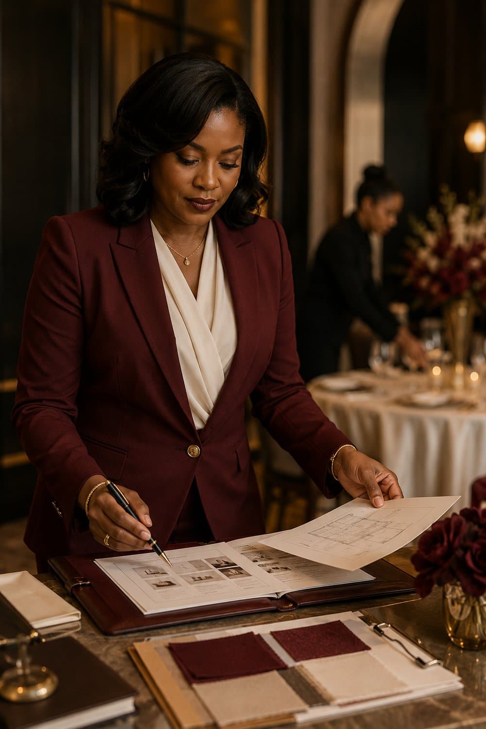A leader reviewing plans and material samples while an event space is prepared in the background