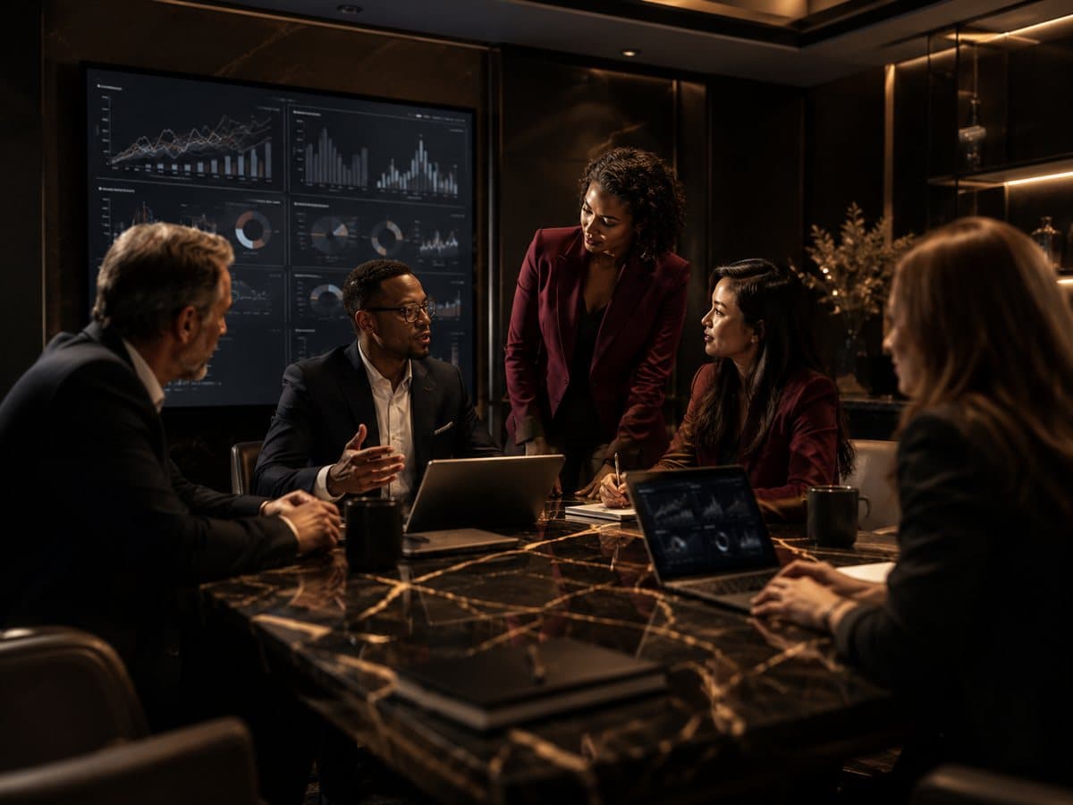 A diverse leadership team discussing performance dashboards on a wall screen in a dark, gold-accented boardroom.