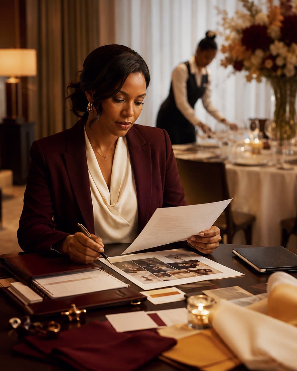 An operations leader reviewing plans at a table in a warm hotel space while a team member prepares the room behind her.