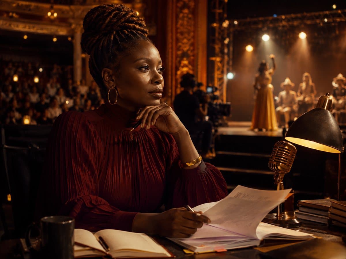 A producer reviewing a script at a production desk while a performance is lit on the theater stage behind her.