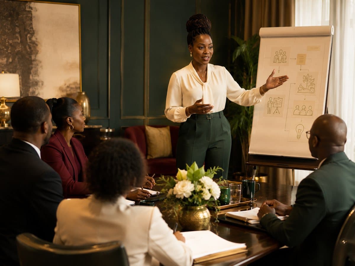 A facilitator presenting a development framework on a flip chart to an engaged group of professionals in an elegant, green-paneled room.