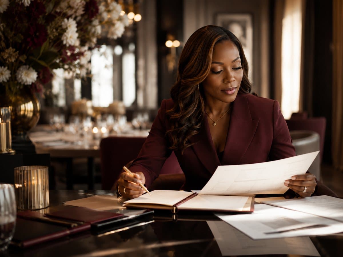 A Black woman executive in a burgundy suit reviewing documents and notes at a table in a warm, candlelit dining room.