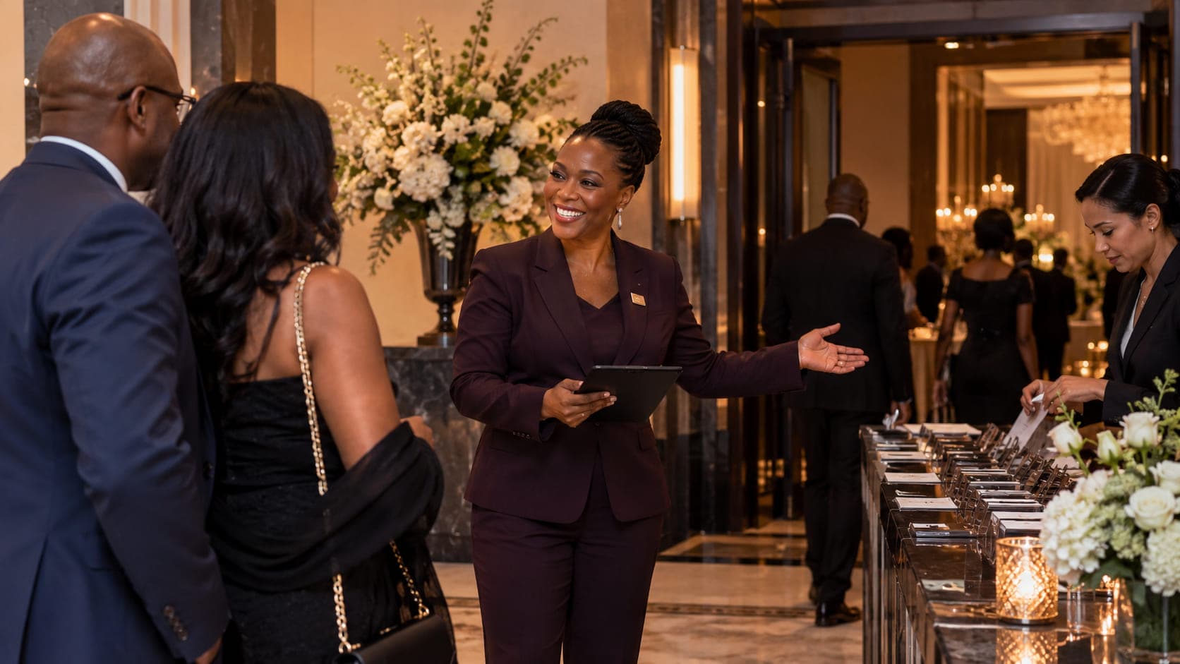 An event director in a burgundy suit welcoming arriving guests with an outstretched hand beside the registration tables in a warm hotel lobby.