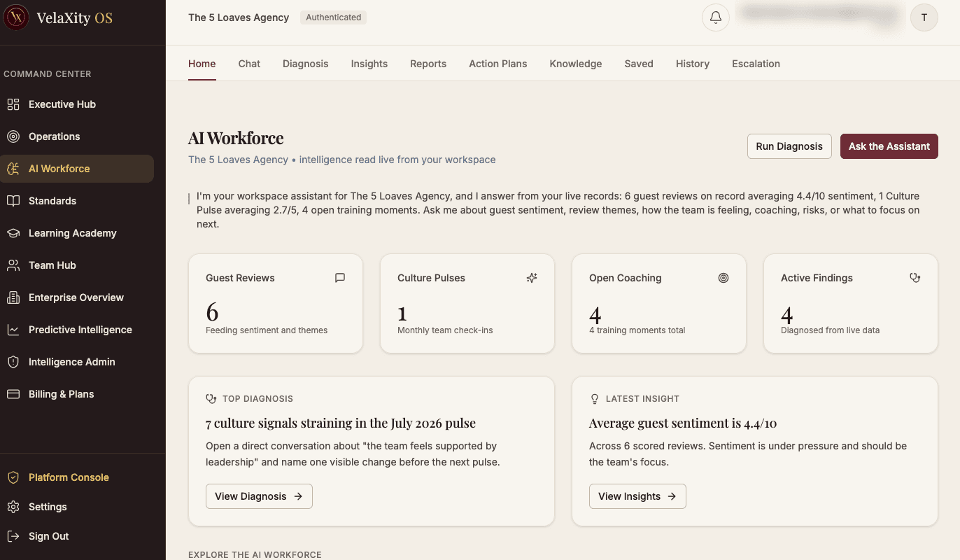 The VelaXity AI Hub, showing insights derived from workspace records.