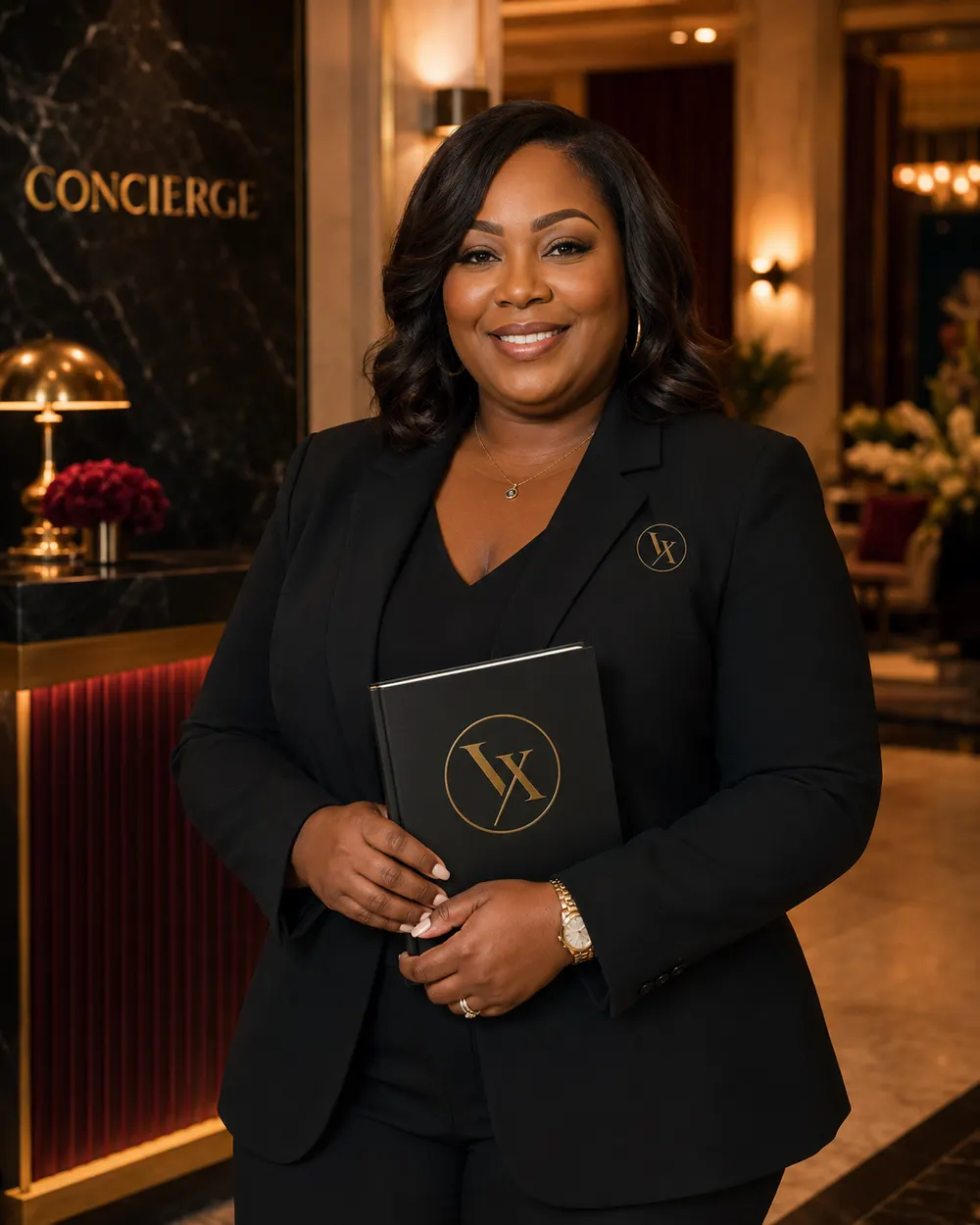 A hospitality executive in a VelaXity-branded blazer standing at a concierge desk, holding a leather VelaXity portfolio.