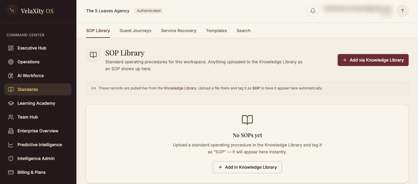 The VelaXity Standards Hub, showing the SOP library.