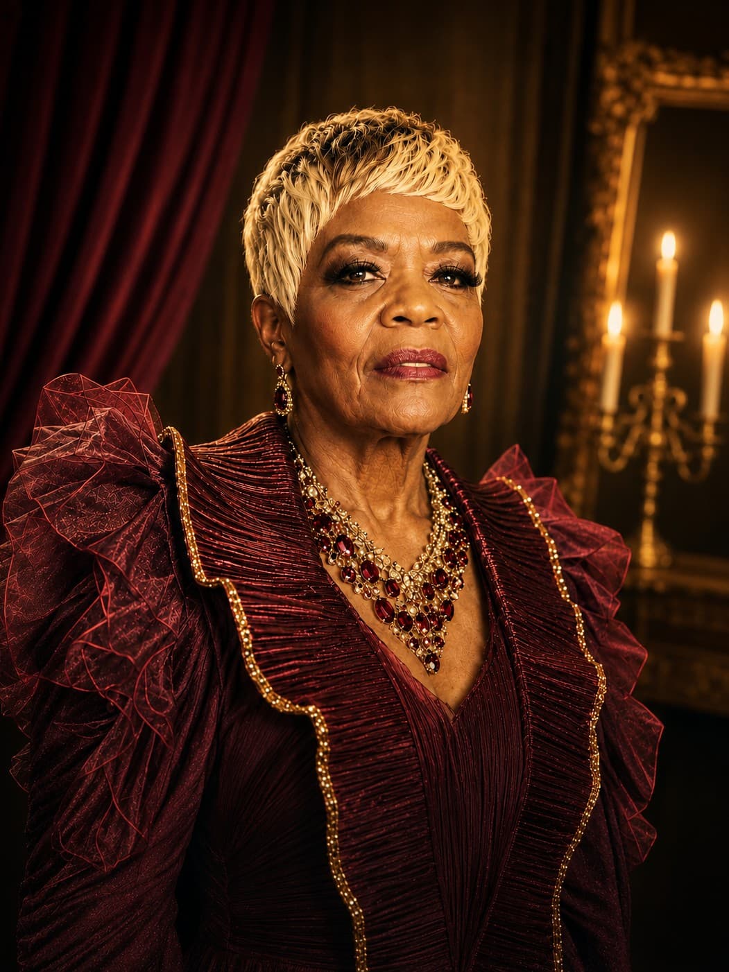 Cast portrait — a woman in a deep red gown, photographed in candlelight.