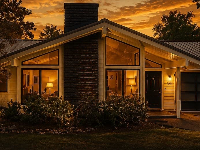 Aunt Sarah’s family home at dusk — lamplit windows, a black front door, and green trees against a gold sky.