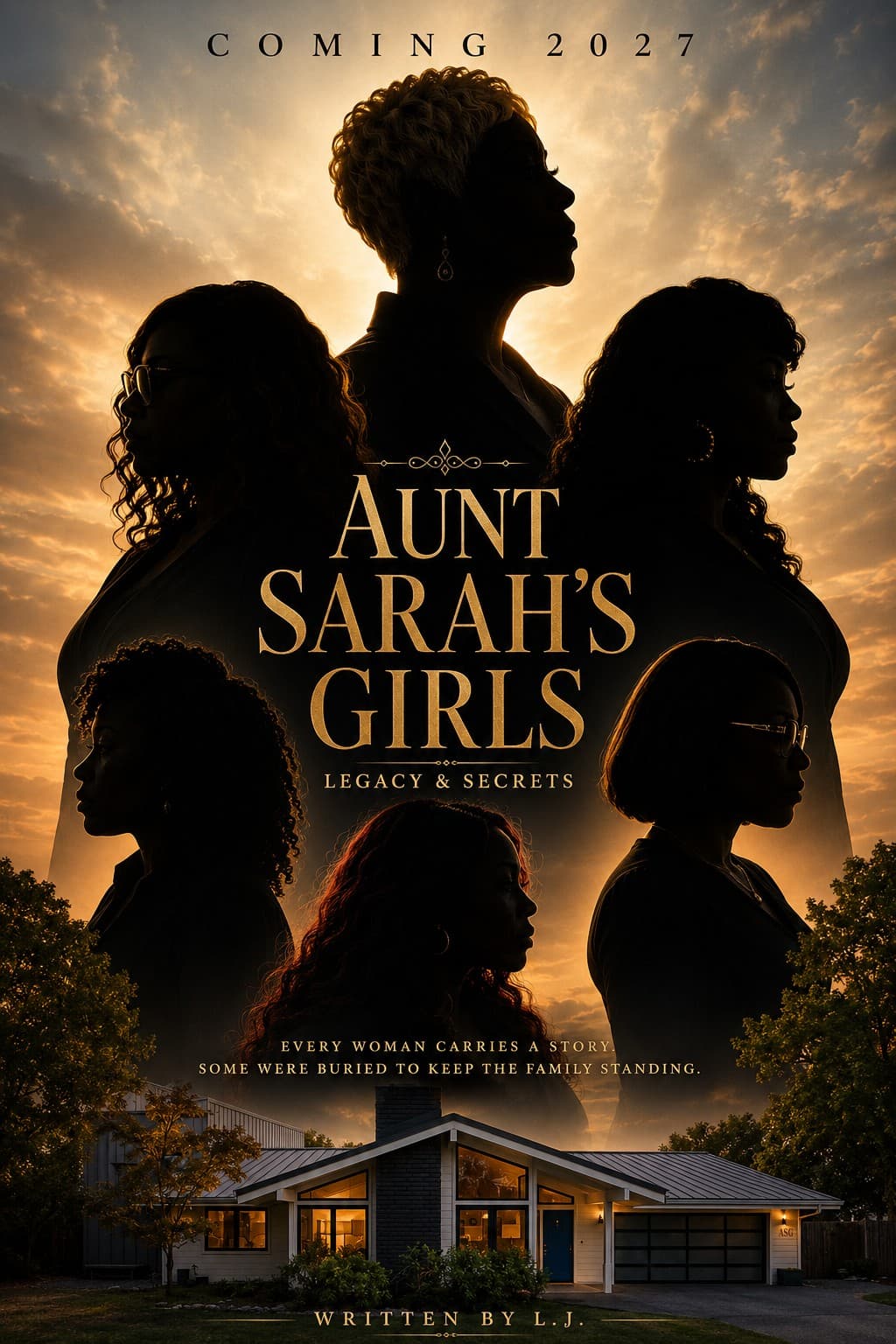 Aunt Sarah’s Girls key art: the family home at golden hour beneath the silhouettes of the women of the story. Titled “Aunt Sarah’s Girls: Legacy & Secrets”, coming 2027, written by L.J.
