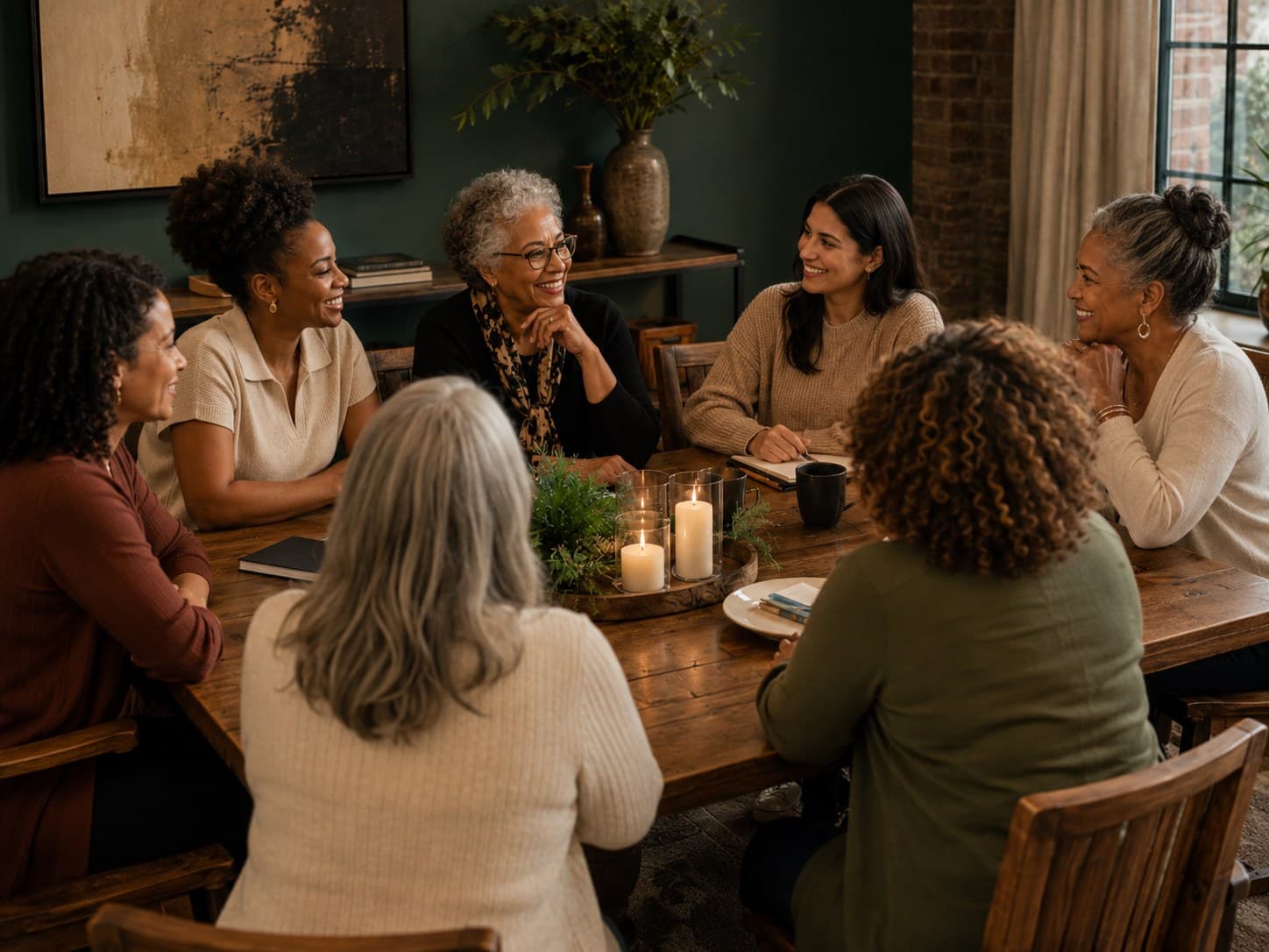 Women of several generations gathered in conversation around a candlelit table.