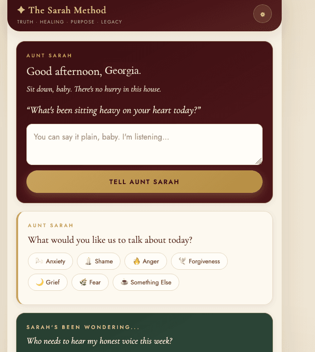 A screen from The Sarah Method application: Aunt Sarah greets the reader by name, the prompt “What’s been sitting heavy on your heart today?” sits above an empty entry box, and a row of topics follows.