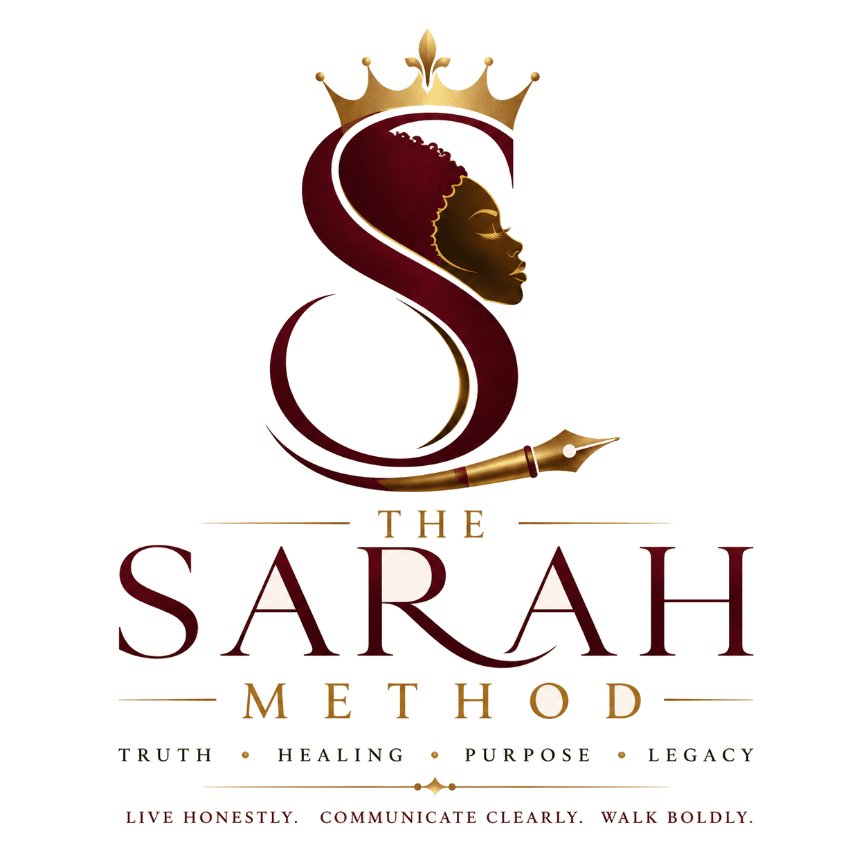 The Sarah Method — a crowned S monogram holding a woman’s profile, finished with a pen nib, above the words Truth, Healing, Purpose, Legacy.