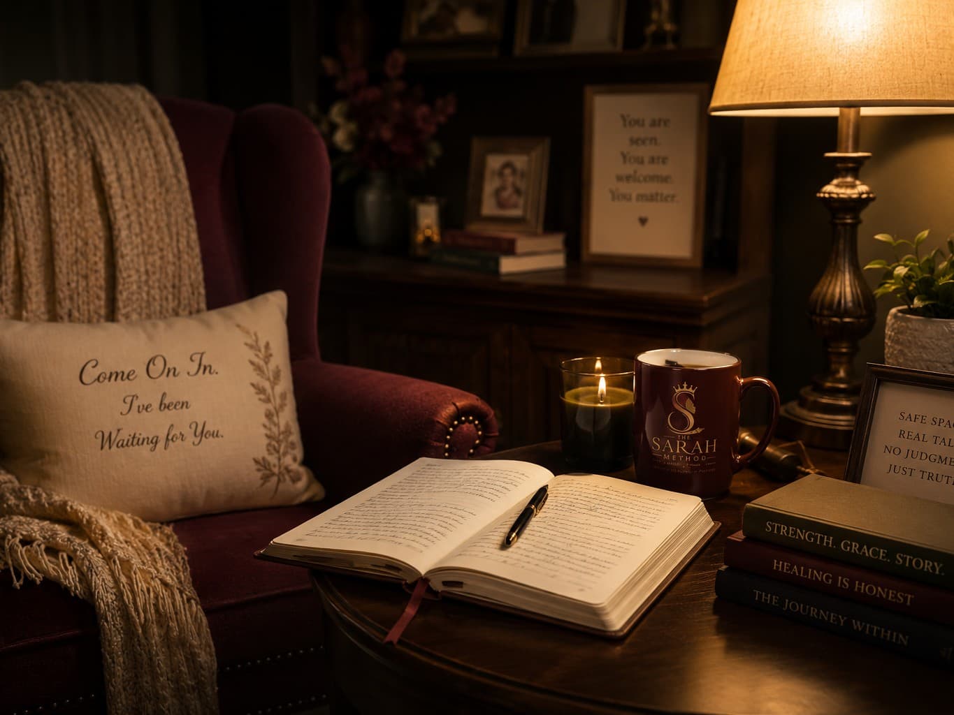 A quiet sitting room — a lamplit table with an open journal and pen, a lit candle, a Sarah Method mug, and an armchair with a cushion reading “Come on in. I’ve been waiting for you.”
