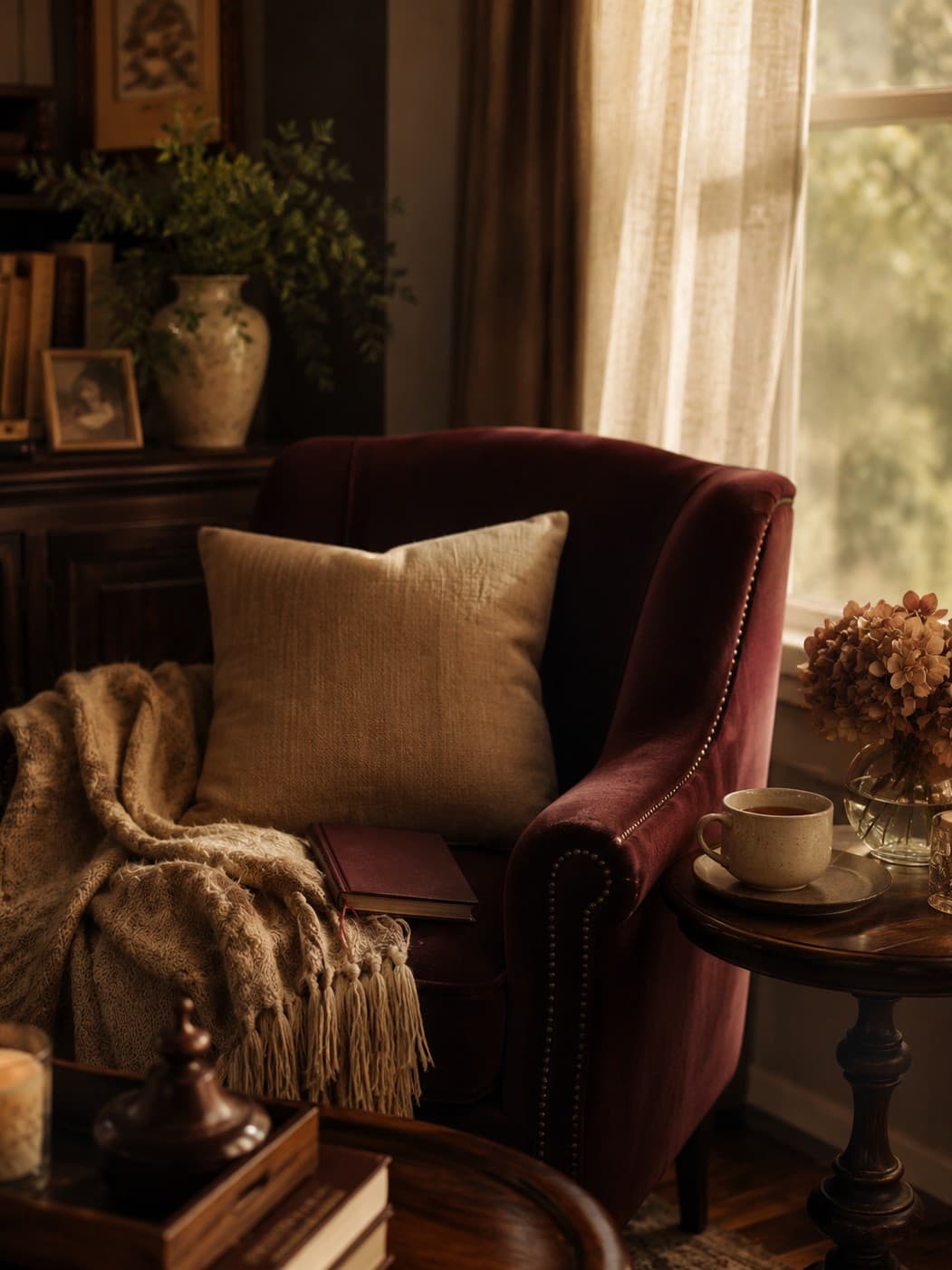 A deep red armchair beside a curtained window, a book resting on the seat and a cup of tea on the side table.